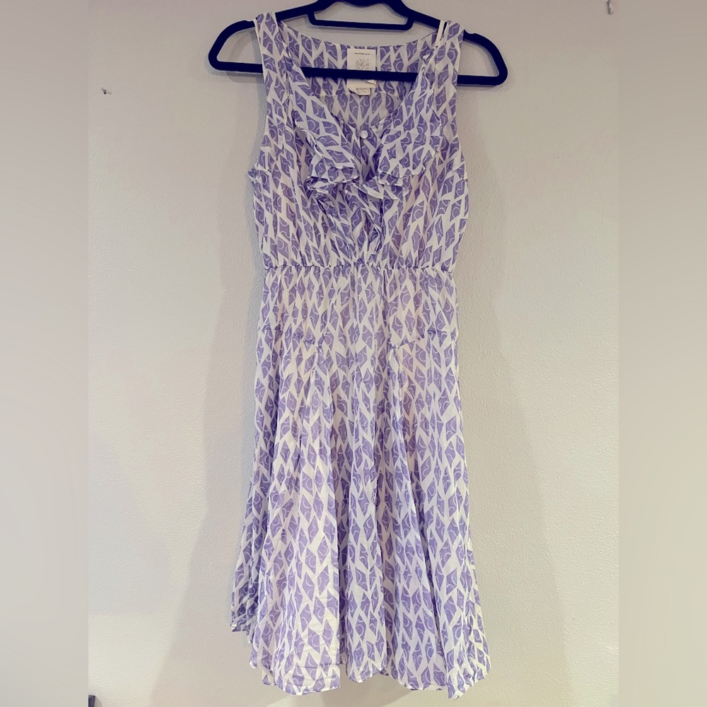 Anthropologie Meadow Rue lavender and cream cotton dress w/ ruffles, USA sz 2
